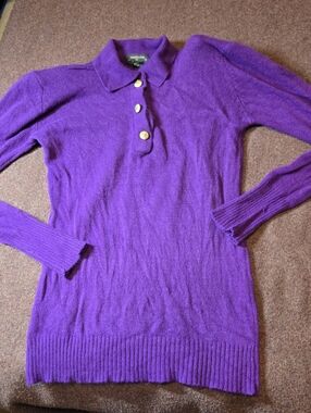 Vibtage Charter Club Lamb Wool & Rabbit Hair Long Sweater Medium Goldtone Button